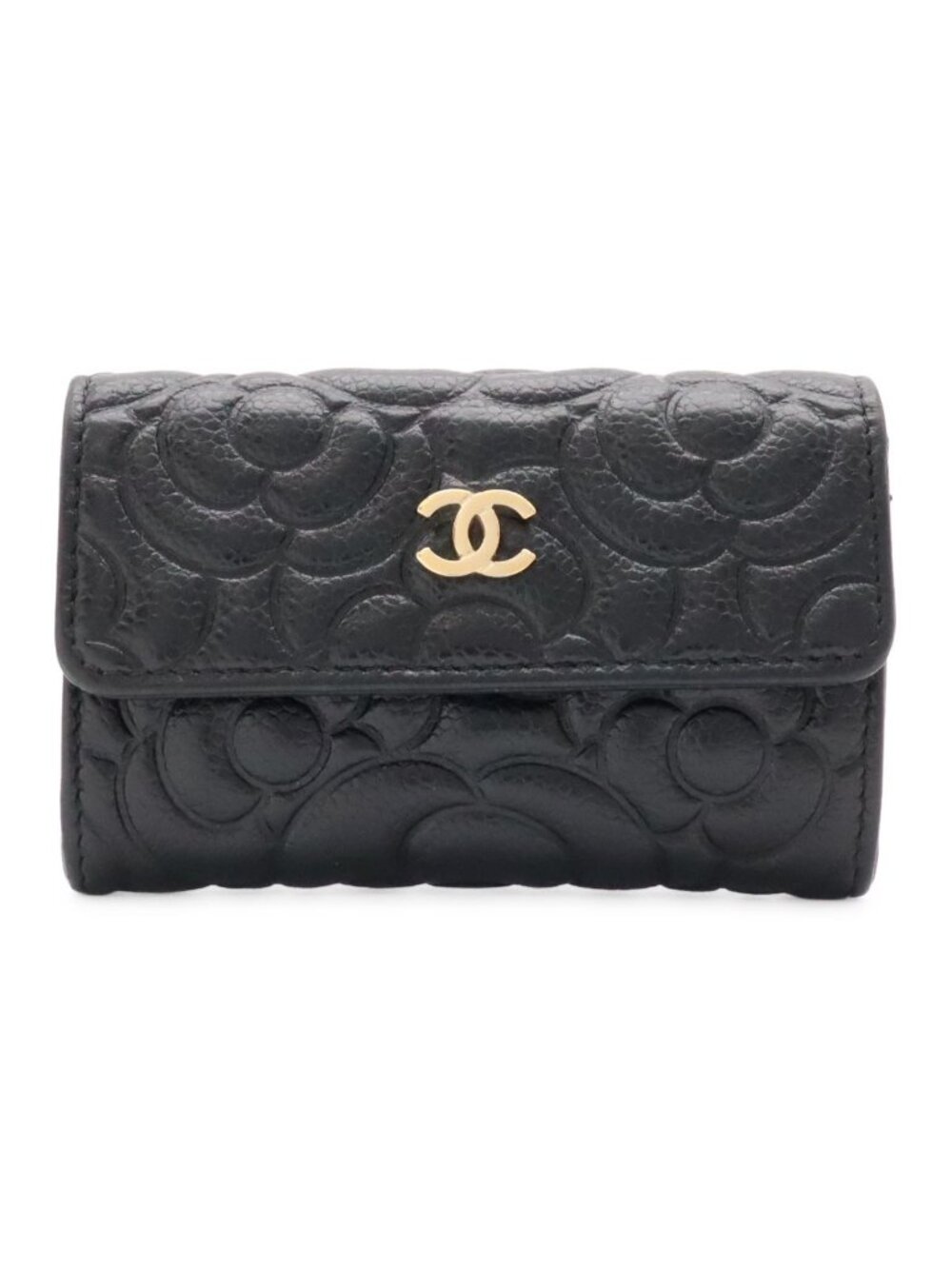 Chanel Camellia Embossed CC Logo Card Case Business Holder Caviar Leather Black